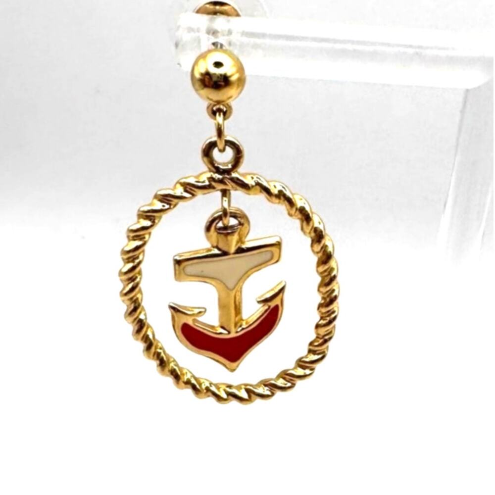 Avon Anchor Earring Gold Red White Nautical Coastal Preppy Novelty Vintage